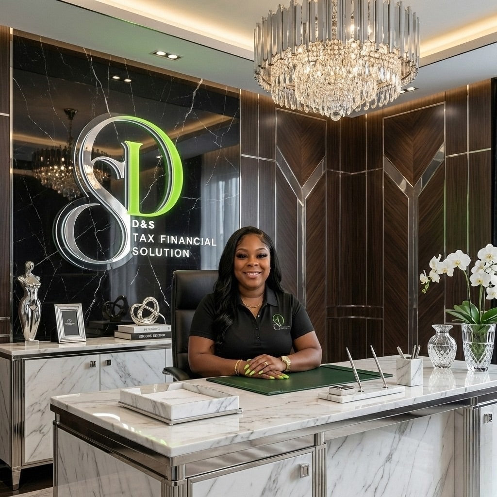 Woman sitting at a desk in an office with a 'D&S Tax Financial Solutions' logo in the background.